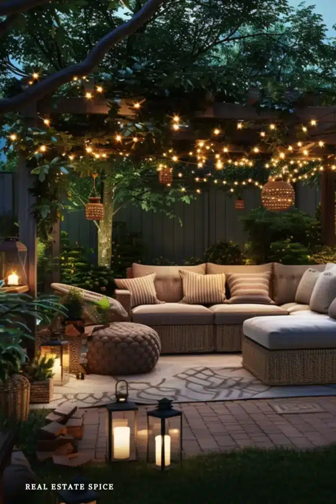 backyard rule of 3 small spaces with outdoor lounge seating string lights lanterns