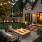 backyard rule of 3 with string lights and seating and outdoor fireplace