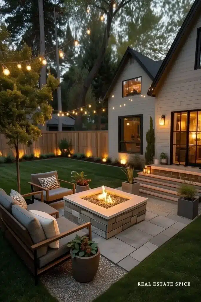backyard rule of 3 with string lights and seating and outdoor fireplace