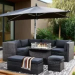 backyard with furniture set sofa umbrella fire pit table