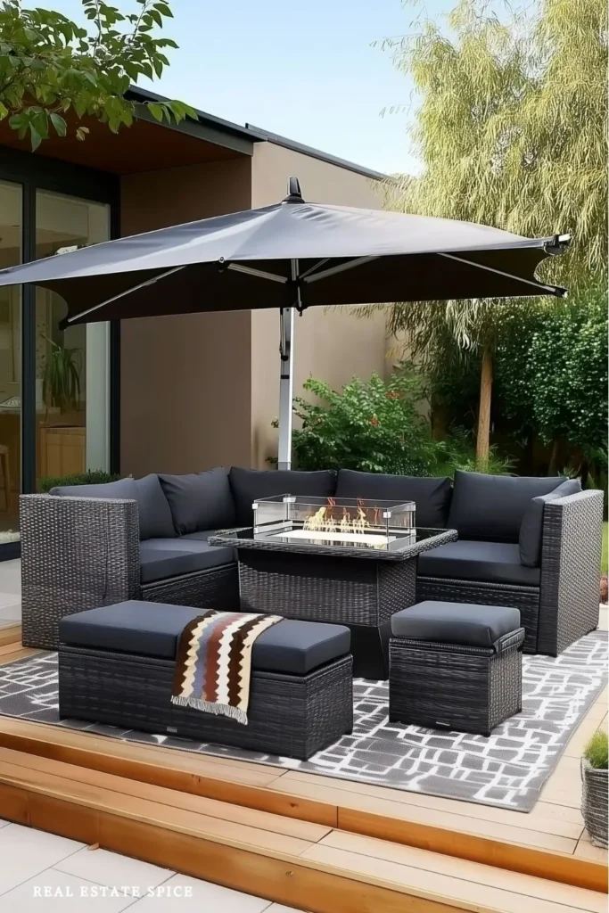 backyard with furniture set sofa umbrella fire pit table
