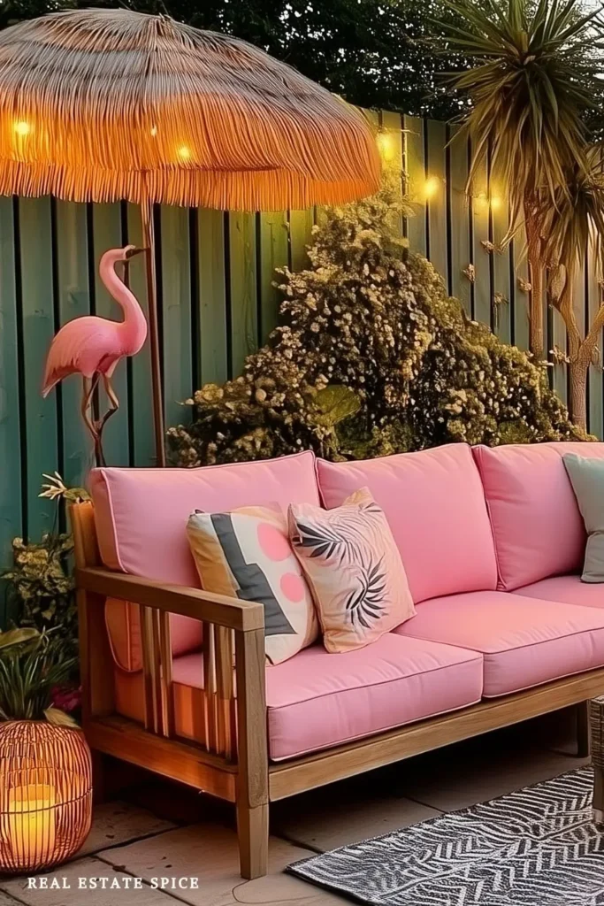 backyard with outdoor sofa with pink cushions large tiki umbrella pink flamingo string lights outdoor candles lantern