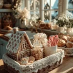 basket on kitchen counter during christmas with gingerbread house, cookies candy canes and marshmallows