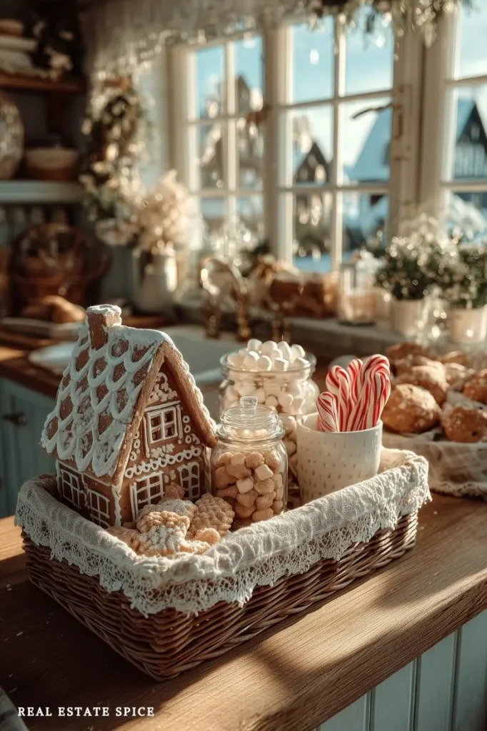 basket on kitchen counter during christmas with gingerbread house, cookies candy canes and marshmallows
