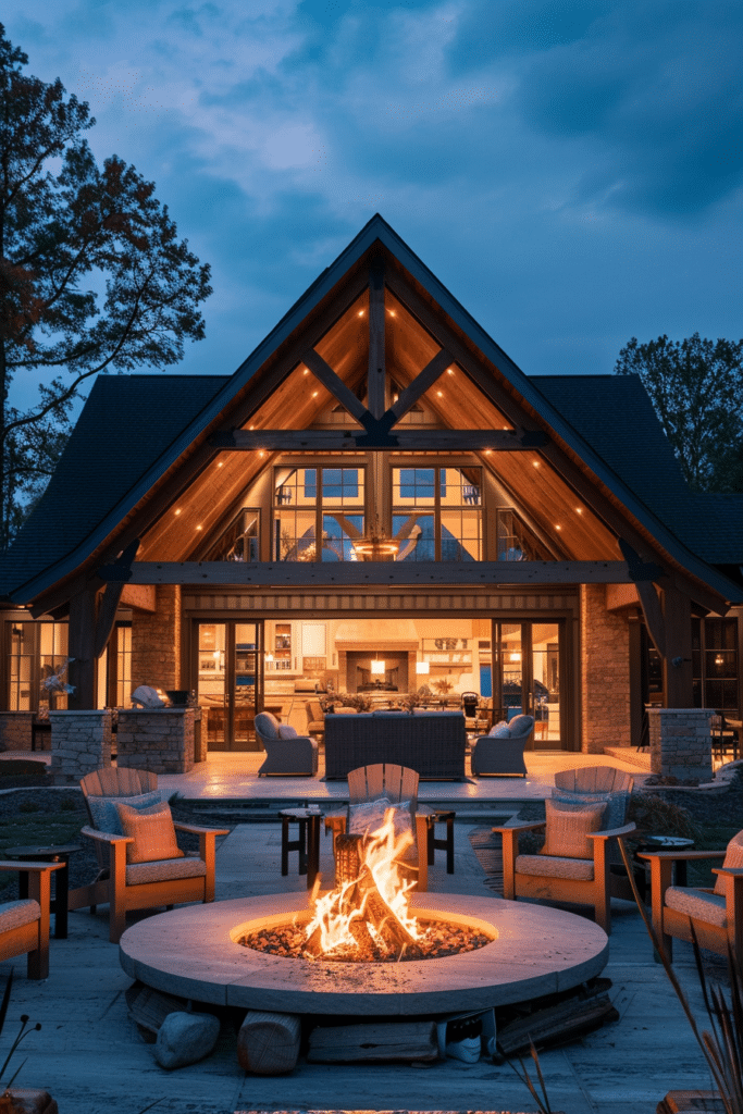 beautiful backyard patio with firepit chairs tables