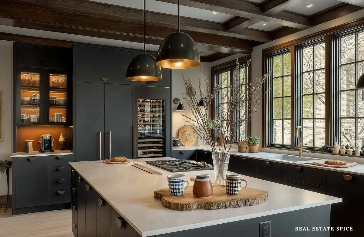 beautiful kitchen white counter and island dark cabinets pendants over island wall sconce kitchen lighting