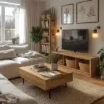 beautiful living room with cozy sofa earth tone colors wall sconces art work