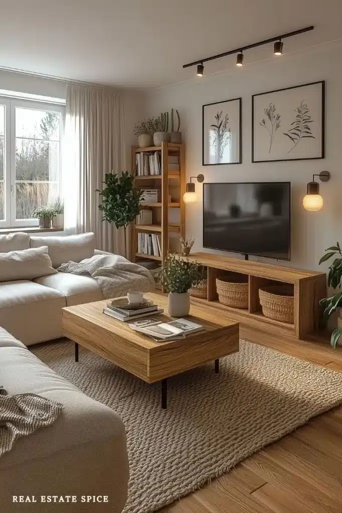 beautiful living room with cozy sofa earth tone colors wall sconces art work