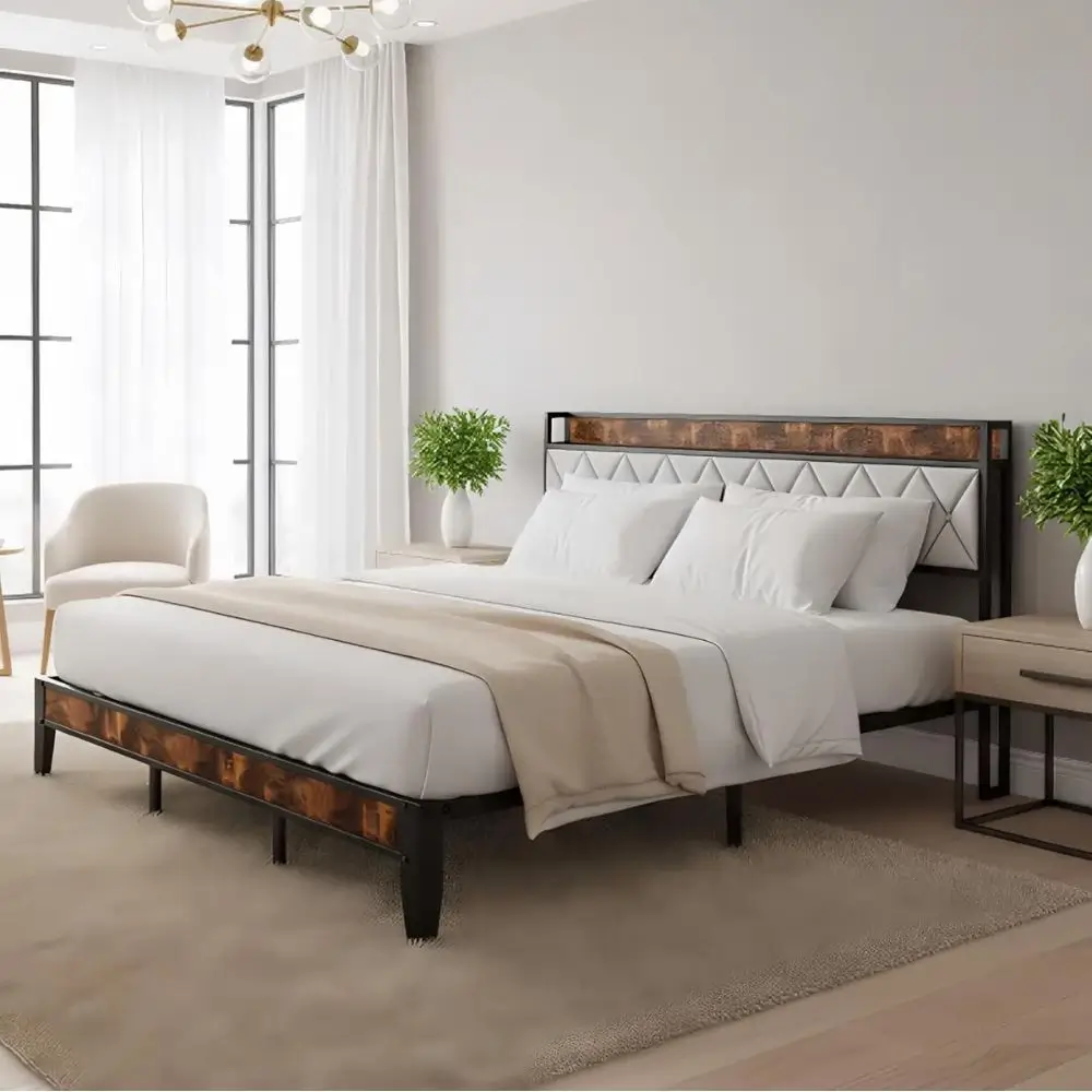 bed frame with built in charging station and upholstered head board