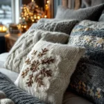 bed with christmas pillows and string lights in the background