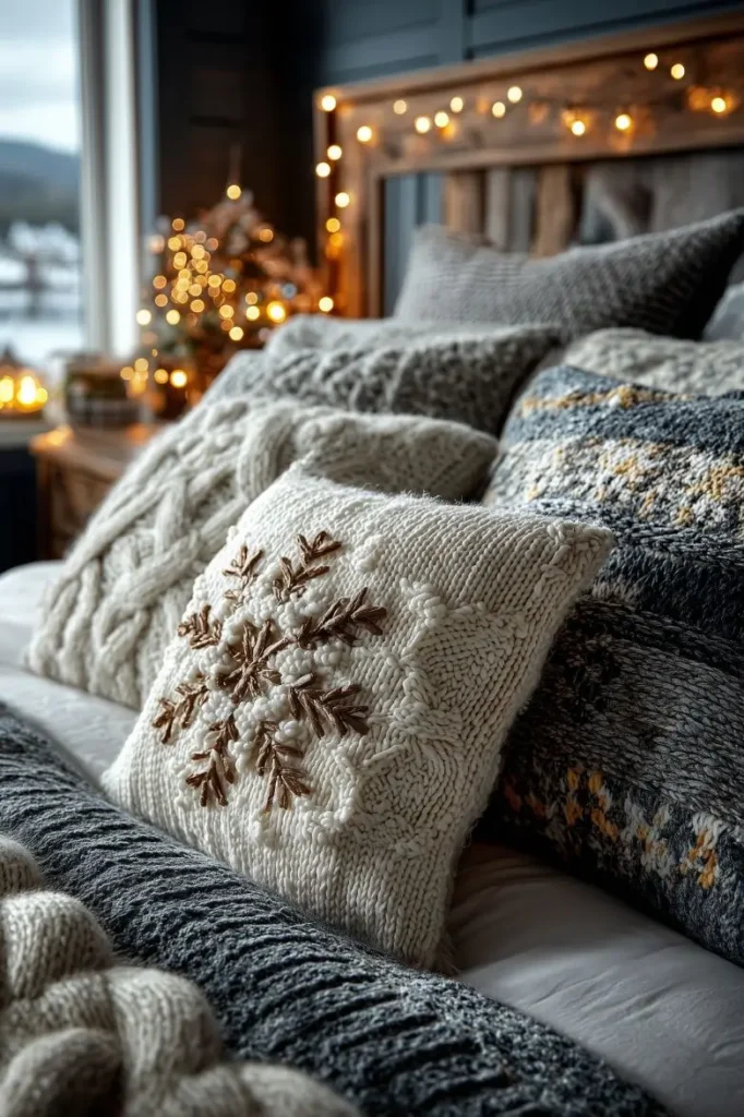 bed with christmas pillows and string lights in the background