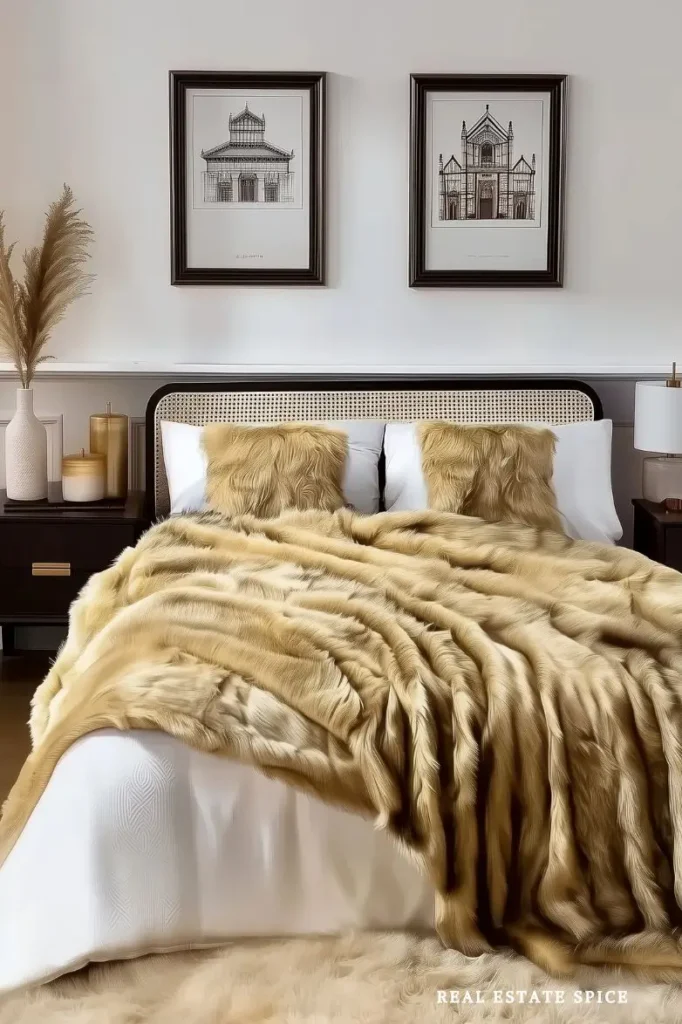 bed with faux fur blanket