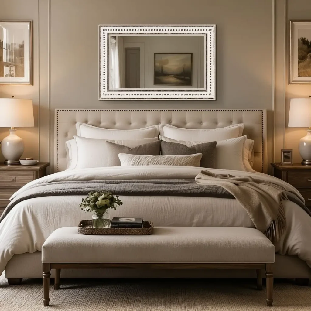 bed with mirror above the bed on the wall
