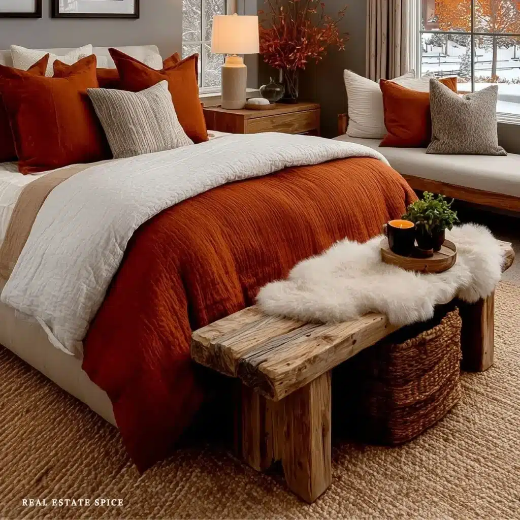 bed with table lamp on nightstand next to it