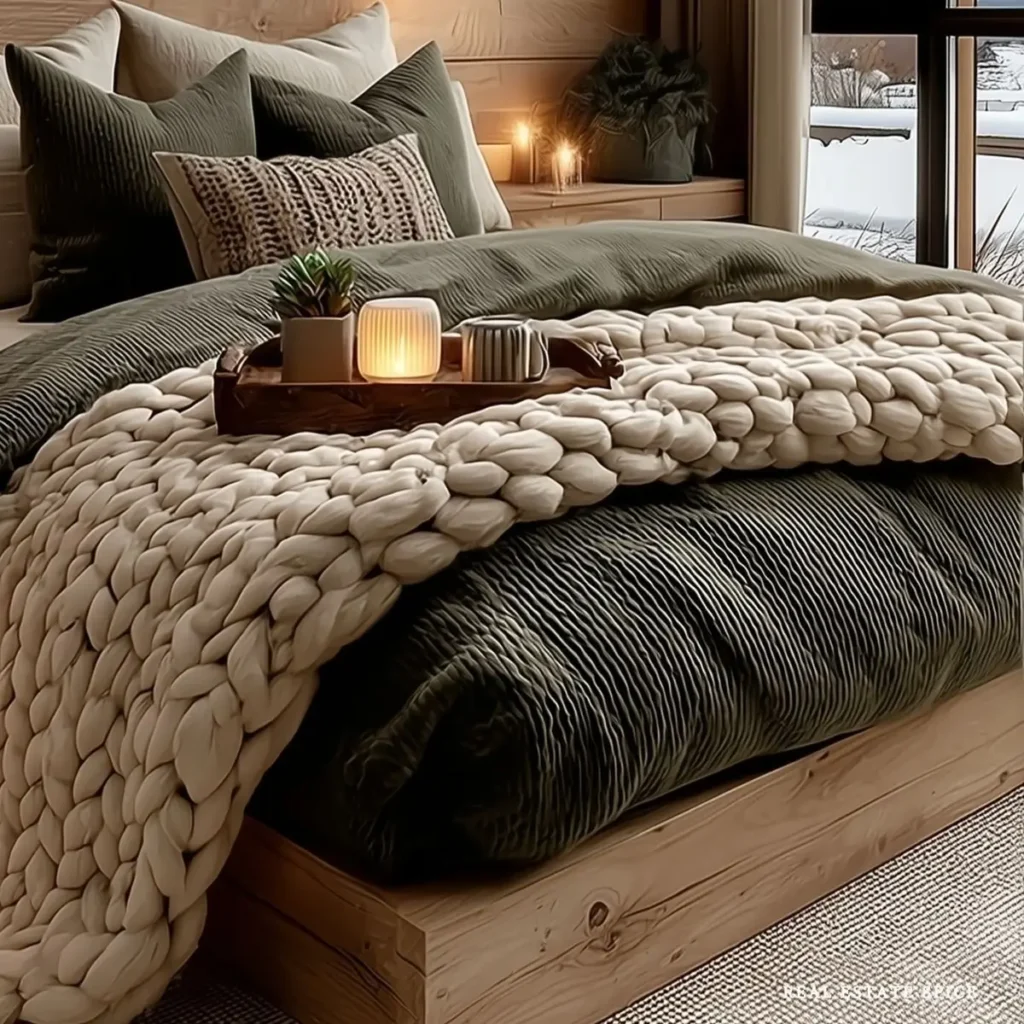 bed with tray candle and a mug with a warm beverage