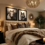 Bedroom with framed black-and-white horse and wolf portraits above a tufted bed, layered cream bedding, animal-print pillows, and a faux fur throw.