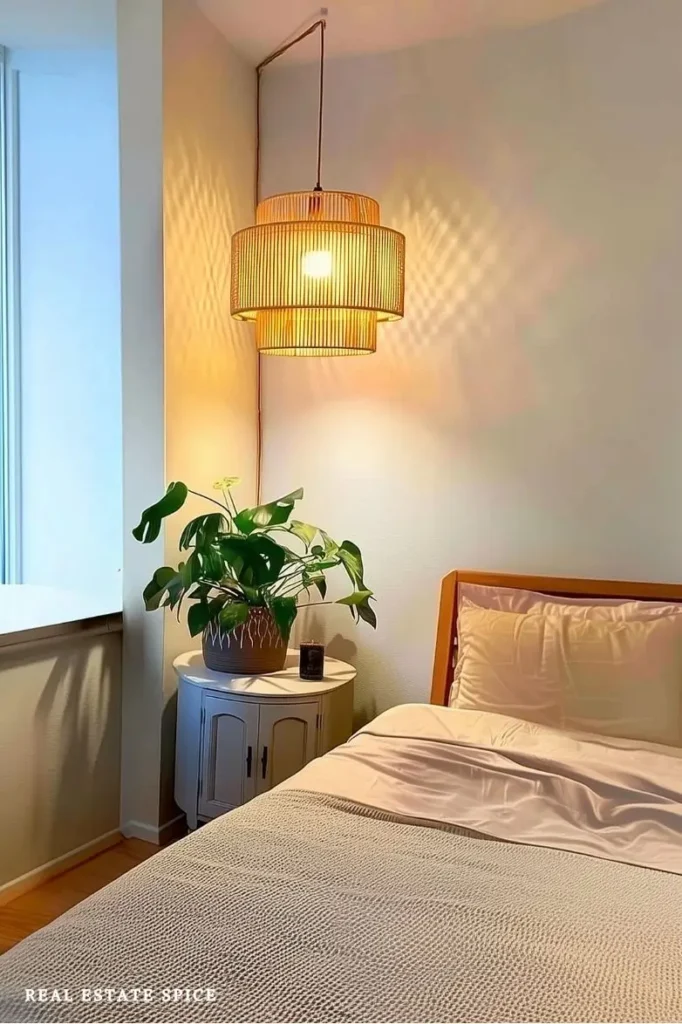 bedroom bedside hanging pendant light rattan shade
