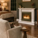 Upholstered chair and side table facing a white electric fireplace on a charcoal accent wall in a bedroom.
