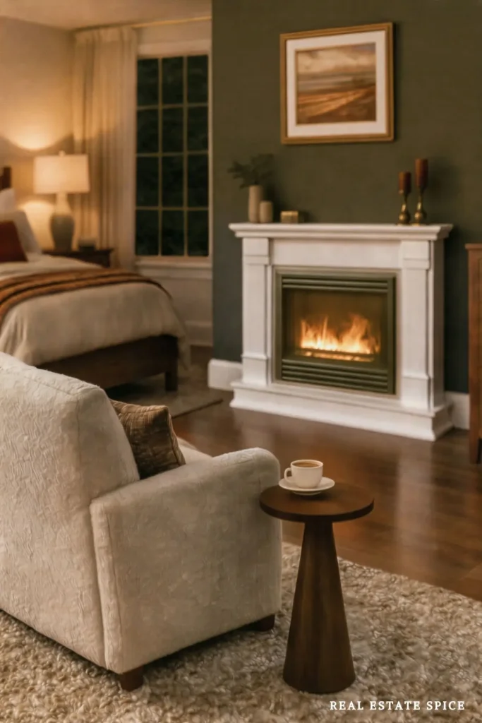 Upholstered chair and side table facing a white electric fireplace on a charcoal accent wall in a bedroom.