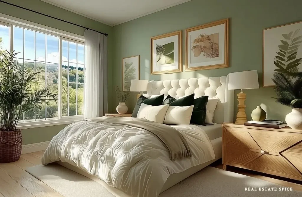 bedroom decor ideas bed with bedding wall art night stands