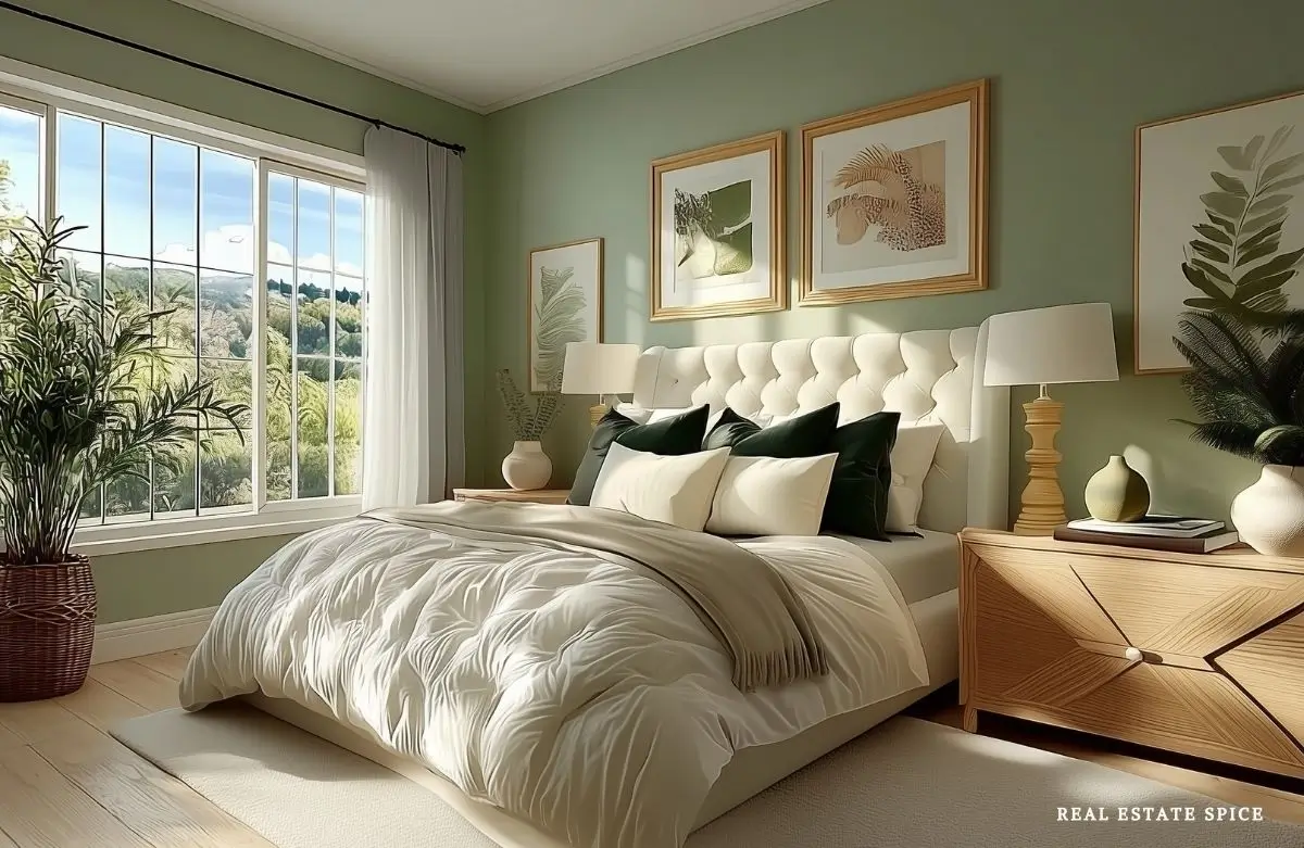 bedroom decor ideas bed with bedding wall art night stands