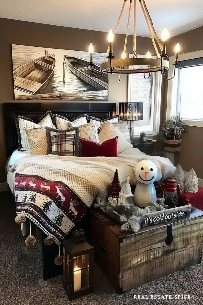 bedroom decorated for christmas nautical prints above bed christmas blanket on bed tray on bench at end of bed with snowman christmas trees christmas decor in bedroom