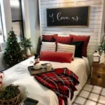 bedroom decorated for christmas red and white bedding tray with snowman christmas tree in corner