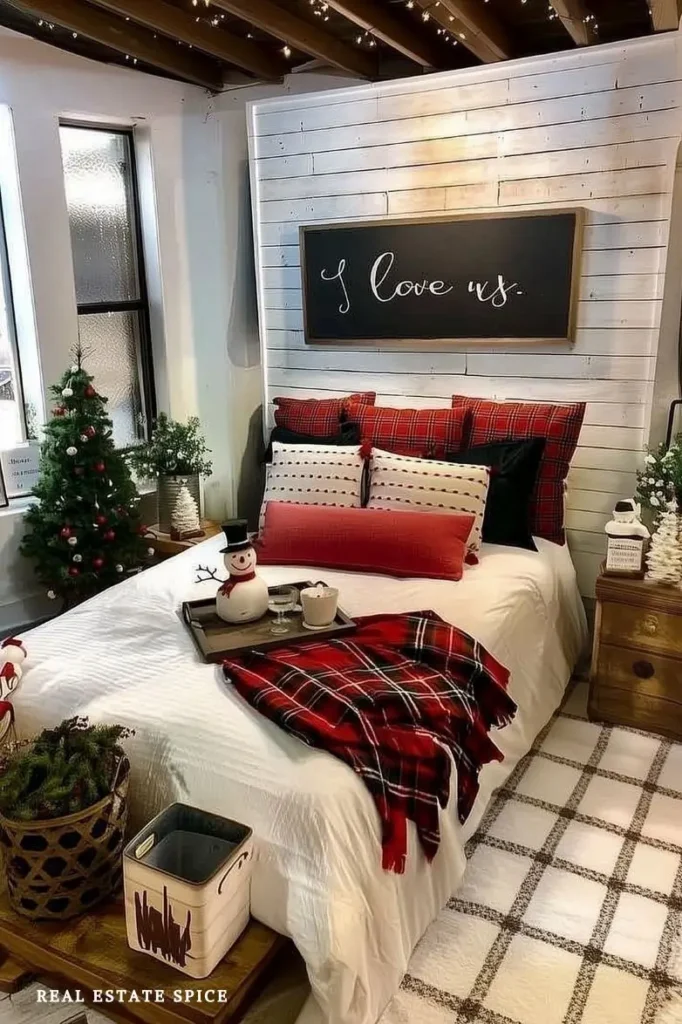 bedroom decorated for christmas red and white bedding tray with snowman christmas tree in corner