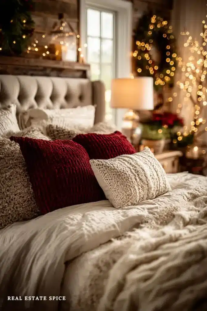 bedroom decorated for christmas red pillows christmas wreath string lights