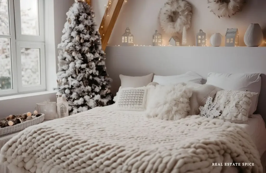 bedroom decorated for christmas with flocked christmas tree in corner