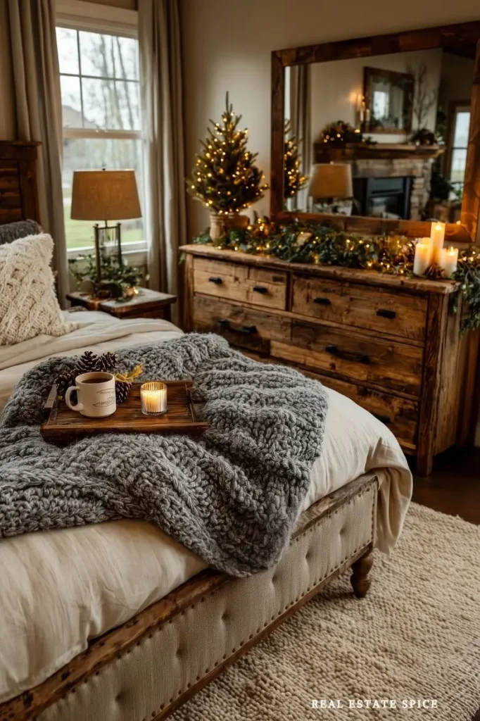 bedroom decorated for christmas with garland candles and small christmas decor tree on dresser against the wall