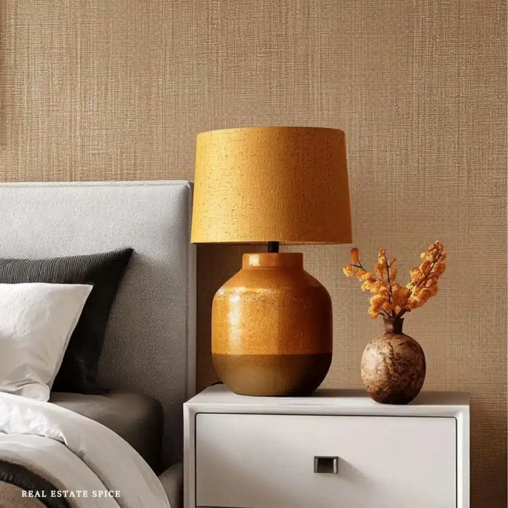 Bedroom with warm brown grasscloth wallpaper, a cream upholstered bed, layered neutral bedding, a white nightstand, and an amber table lamp.