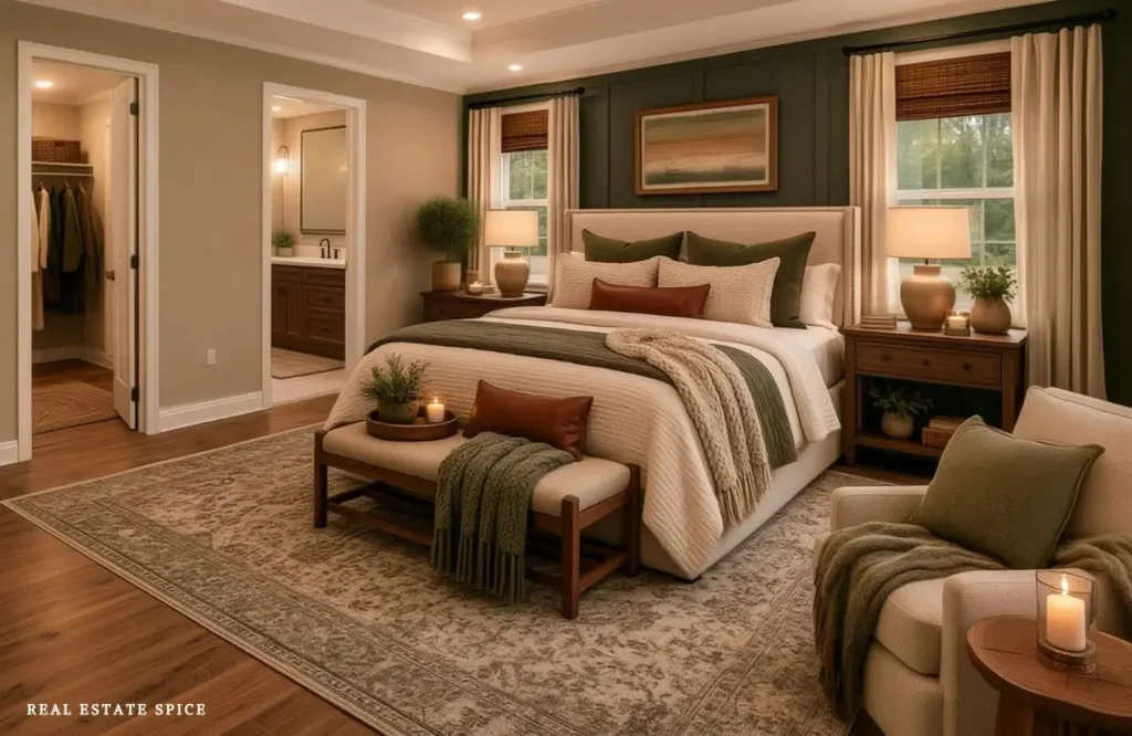 Bedroom with a green paneled accent wall, cream upholstered bed, wood nightstands, layered bedding, and a cozy reading chair.