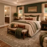 Bedroom with a green paneled accent wall, cream upholstered bed, wood nightstands, layered bedding, and a cozy reading chair.
