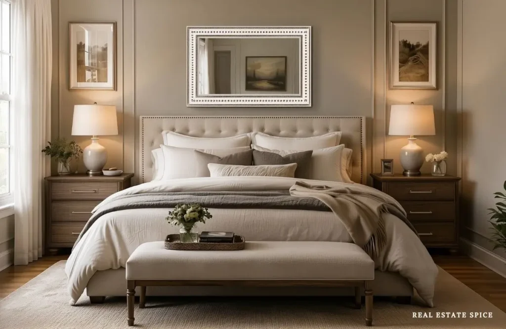 bedroom rule of 3 bedroom decor with mirror above the bed and wall art