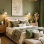 bedroom rule of 3 decor with wall sconce wall art throw pillows throw blanket on bench at the end of the bed