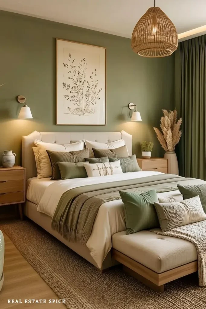 bedroom rule of 3 decor with wall sconce wall art throw pillows throw blanket on bench at the end of the bed