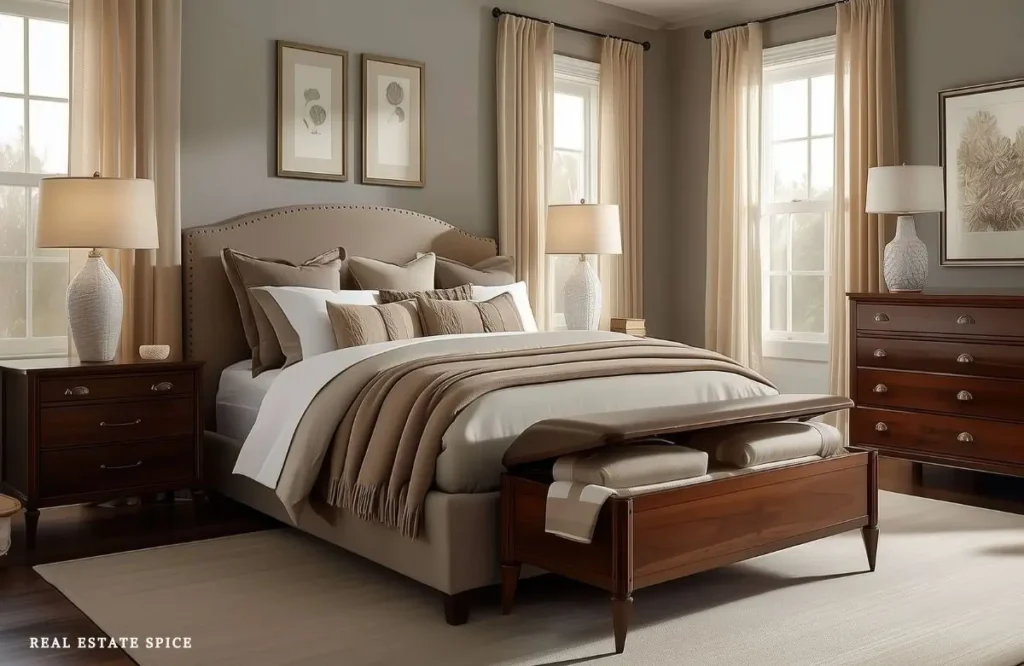 Neutral bedroom with a wood storage bench positioned at the foot of the bed