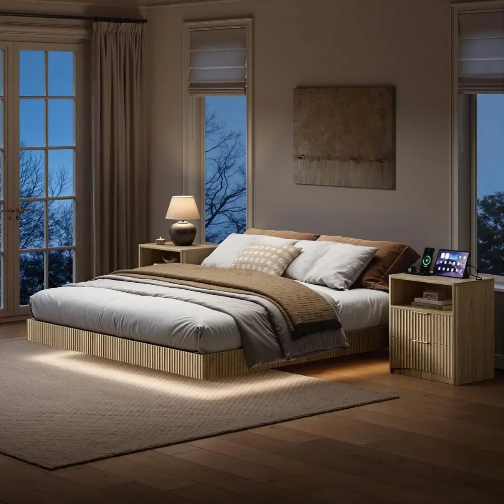 bedroom set floating bed frame and two charging nightstands