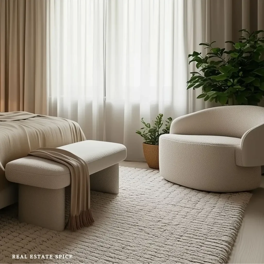 Bedroom seating area with a rounded cream chair beside a window, full-length curtains, an upholstered bench, and a textured neutral rug.