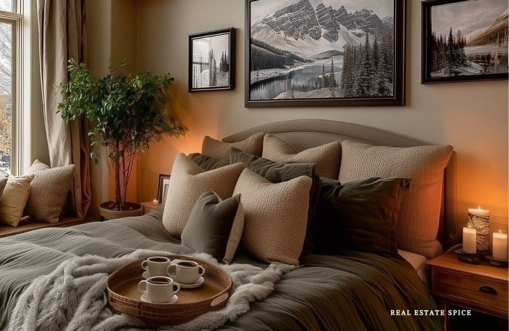 bedroom with cream green colors curved headboard soft lighting