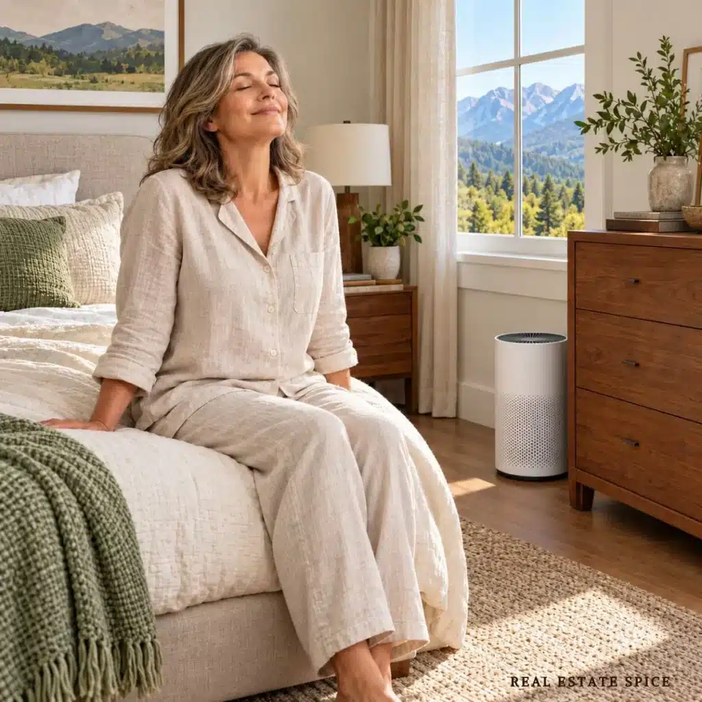 Woman sitting on the edge of a neutral bed beside a white air purifier in a bedroom