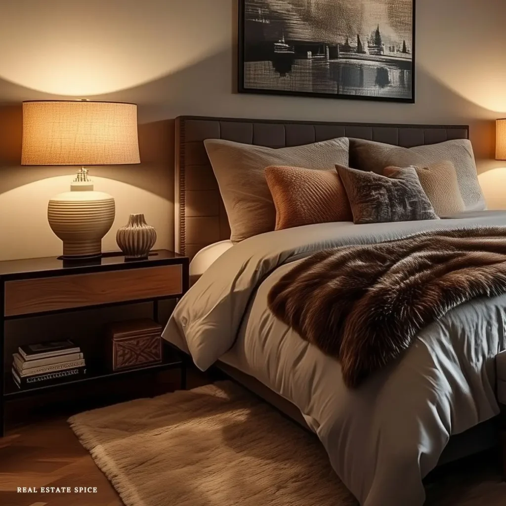 bedside nightstand with lamp neutral bedding area rug