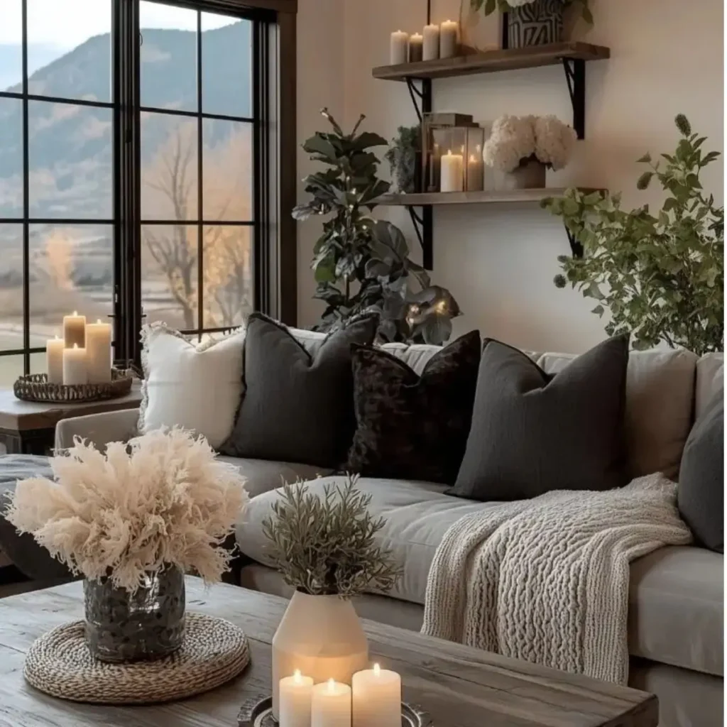 black and gray living room decor in a cozy living room