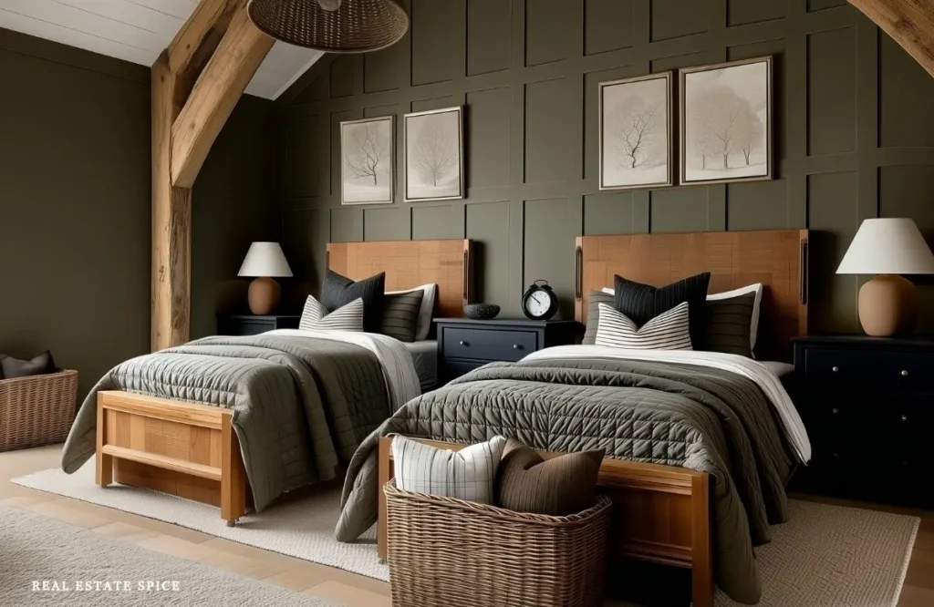 board and batten wall behind twin beds in bedroom green accent and green wall