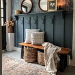 board and batten wall in entryway with hooks bench mirrors throw pillows