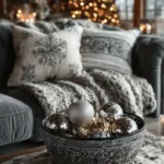 bowl with christmas ornaments in it on a coffee table in christmas decorated living room