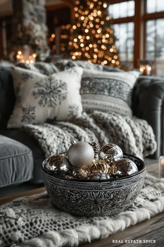 bowl with christmas ornaments in it on a coffee table in christmas decorated living room