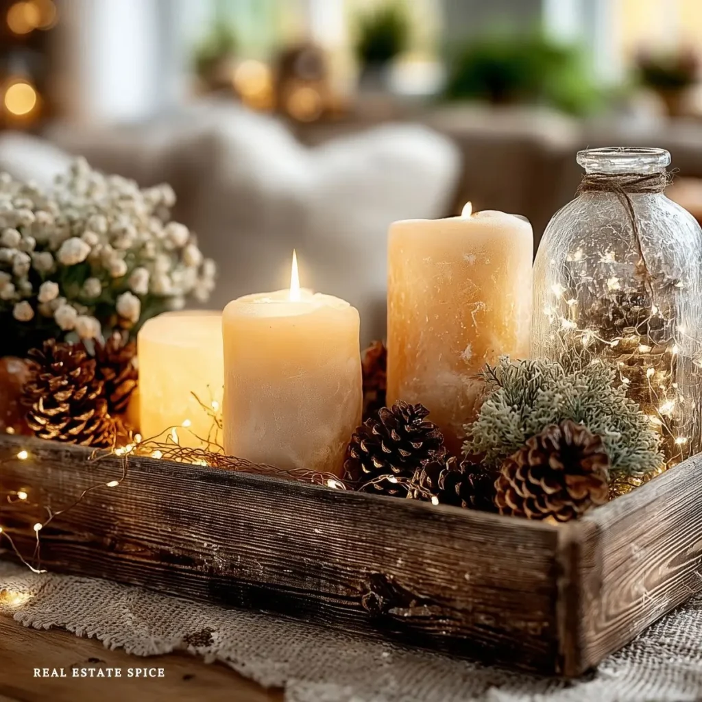candles greenery pinecones fairy lights in wood tray on coffee table