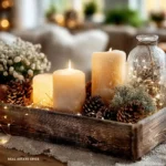 candles greenery pinecones fairy lights in wood tray on coffee table